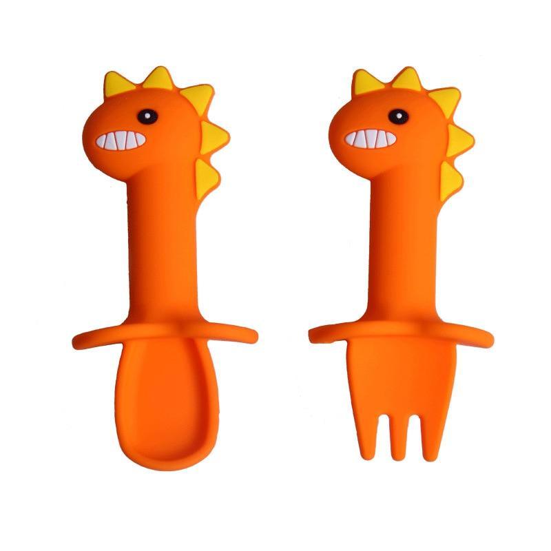 Soft Silicone Baby Feeding Spoon and Fork Set - Cartoon Dinosaur