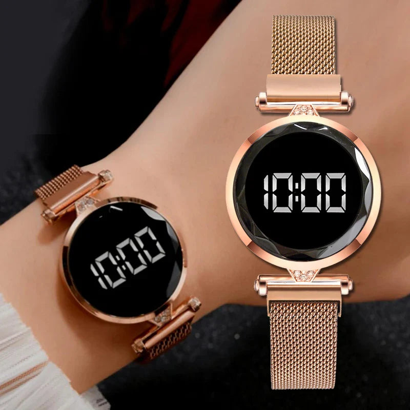 Luxury Digital Magnet Watches For Women Rose Gold Stainless Steel Dress LED Quartz Watch Female Clock Relogio Feminino Drop Ship - Korvel