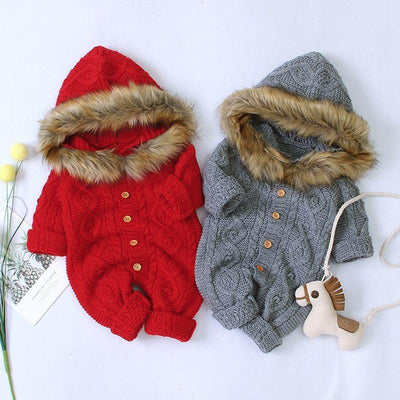 Elegant Baby Warm Coat - Hooded Knit Romper for Newborns
