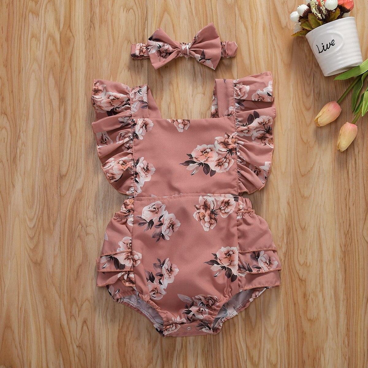 Combinaison à volants imprimée florale pour bébés filles avec bandeau