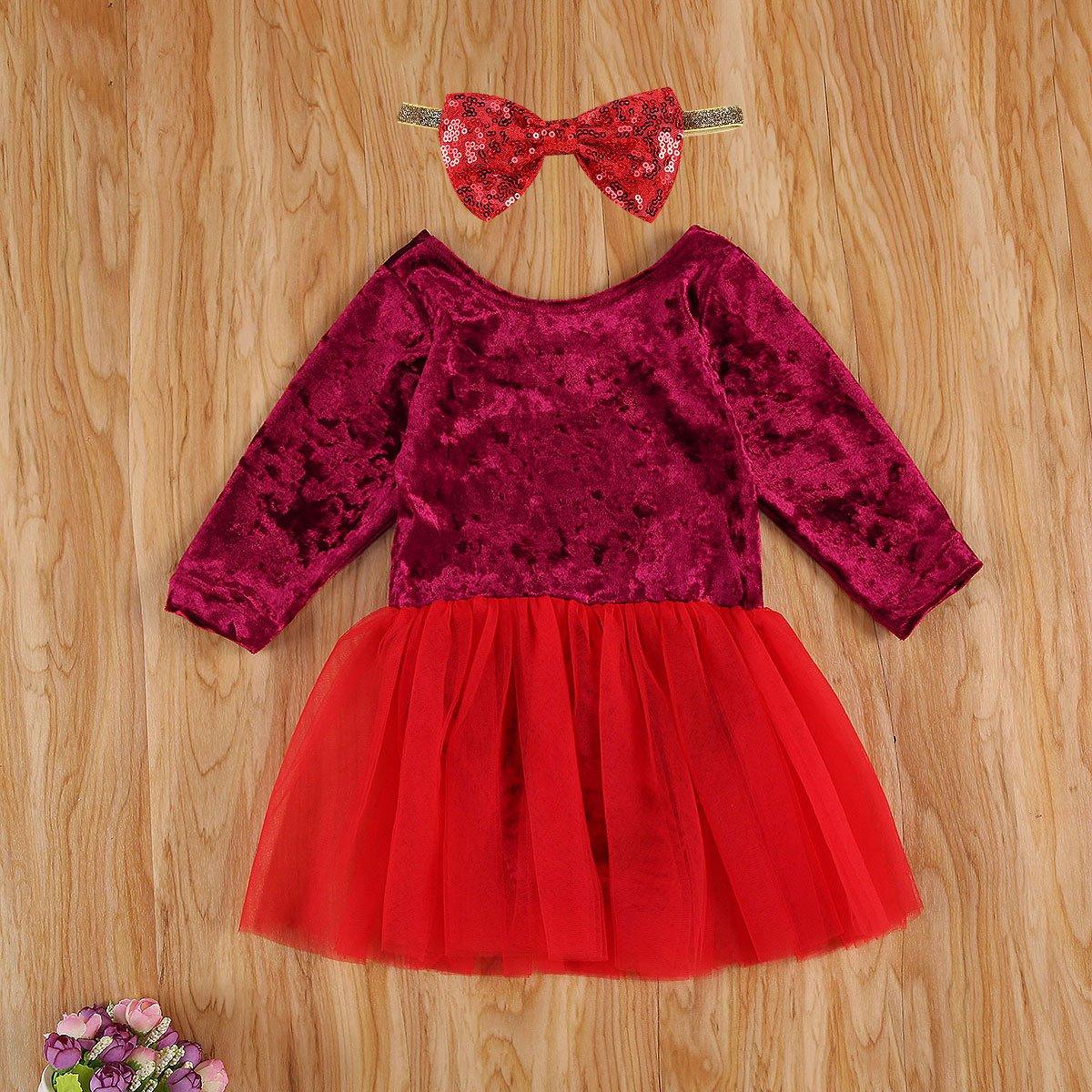 Robe Rouge de Noël à Manches Longues pour Filles Bébés