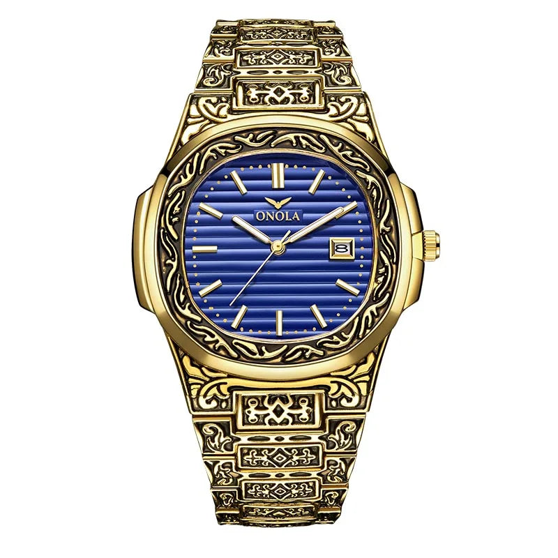 ONOLA Luxury Retro Golden Stainless Steel Watch for Men