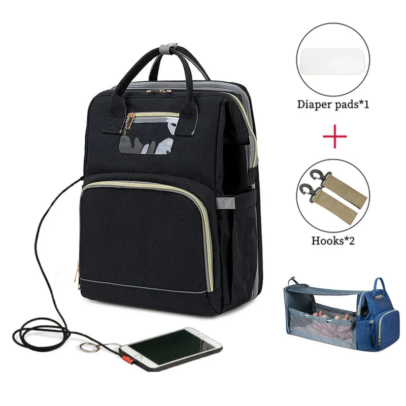 USB Diaper Bags Backpack Foldable Sunscreen Baby Bed Crib Bag Large Capacity Insulation Nursing Stroller Bag With Changing Mat - Korvel