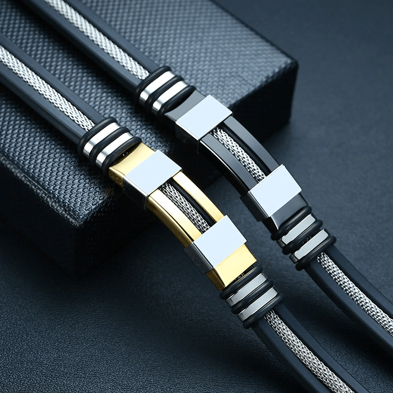 Pulsera de Acero Inoxidable para Hombre con Estrías Negras y Elegantes