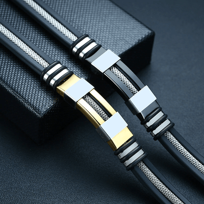 Bracelet pour homme en acier inoxydable noir à rainures élégant