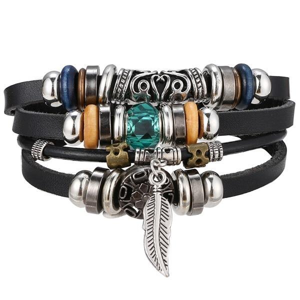 Vintage Black Bead Leather Bracelet for Men and Women