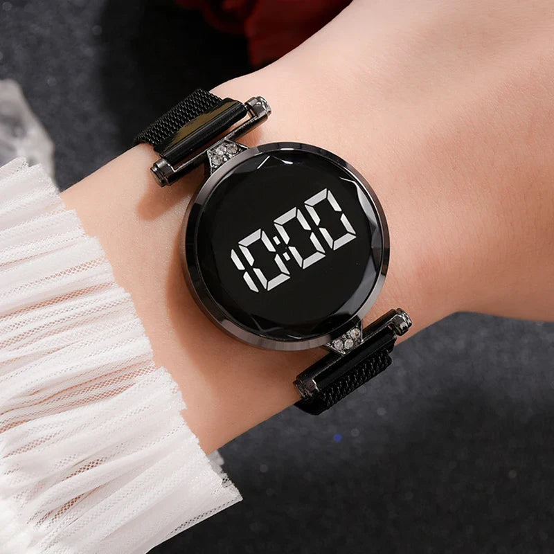 Luxury Digital Magnet Watches For Women Rose Gold Stainless Steel Dress LED Quartz Watch Female Clock Relogio Feminino Drop Ship - Korvel