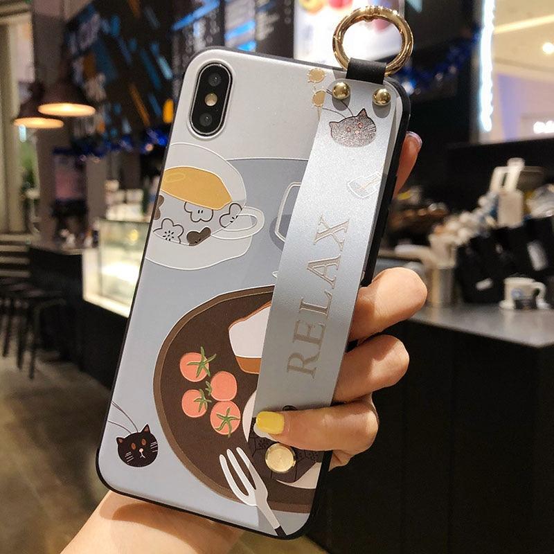Cartoon Cat Wrist Strap Phone Case for iPhone
