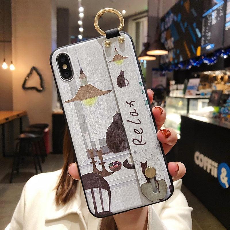 Cartoon Cat Wrist Strap Phone Case for iPhone