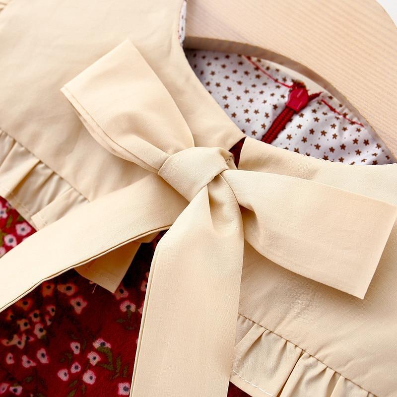 Vestido de Manga Larga con Cuello de Lazo para Niñas Pequeñas de Otoño