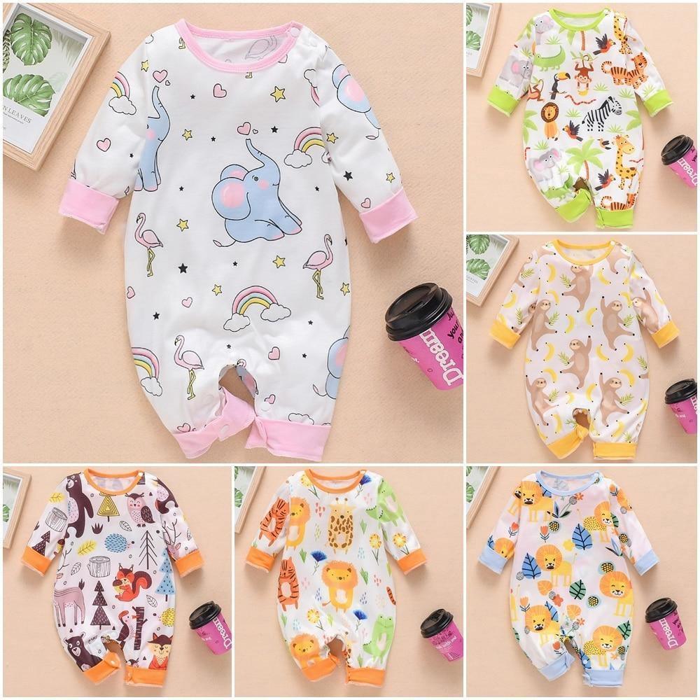 Floral Dinosaur Car Printed Baby Romper - Long Sleeve