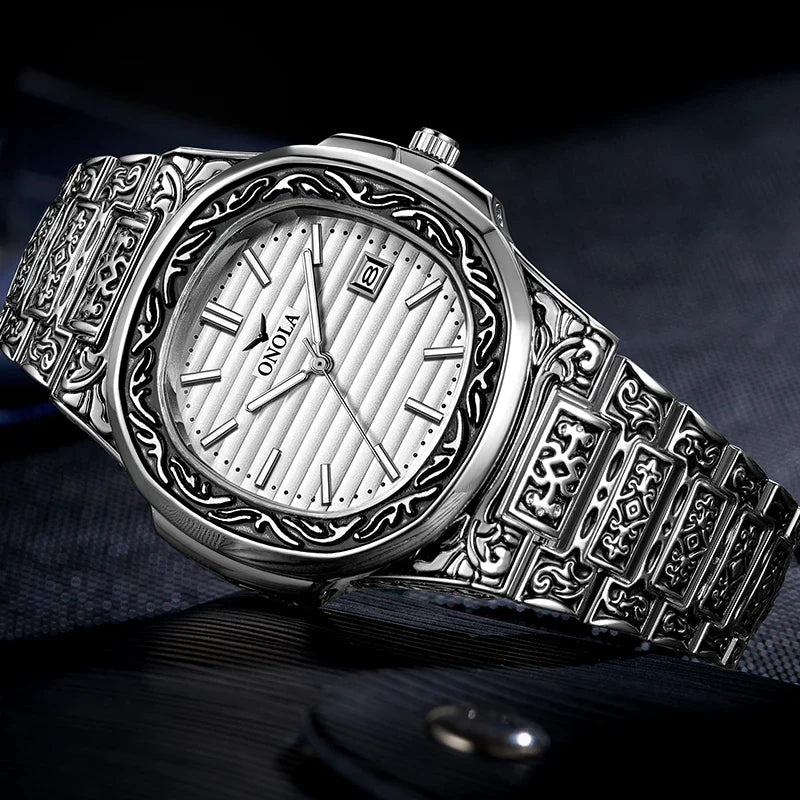 ONOLA Luxury Retro Golden Stainless Steel Watch for Men
