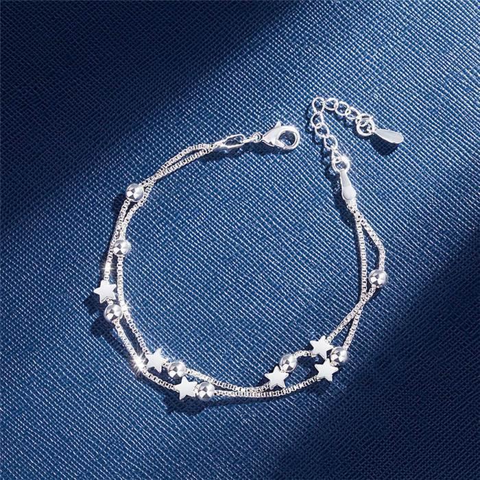 Elegant 925 Sterling Silver Double Layer Star Bead Bracelet for Women