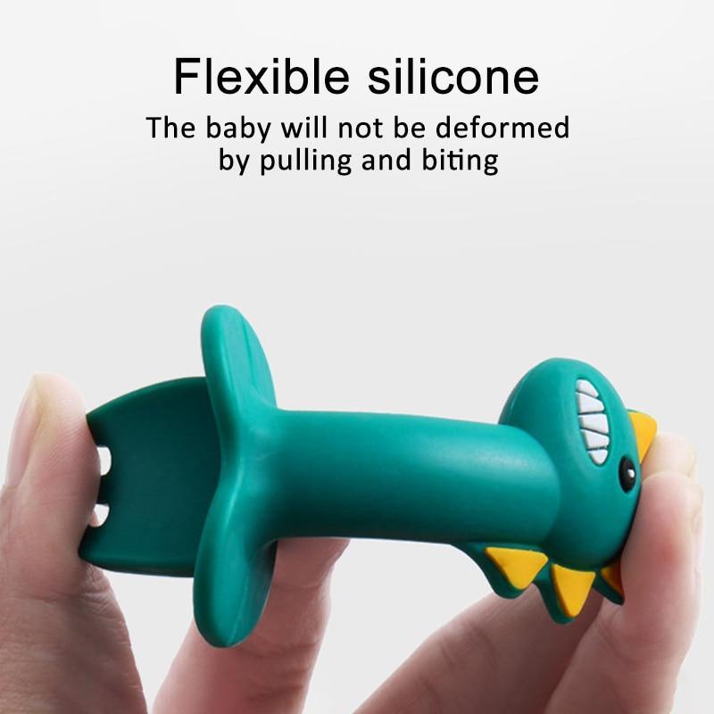 Soft Silicone Baby Feeding Spoon and Fork Set - Cartoon Dinosaur