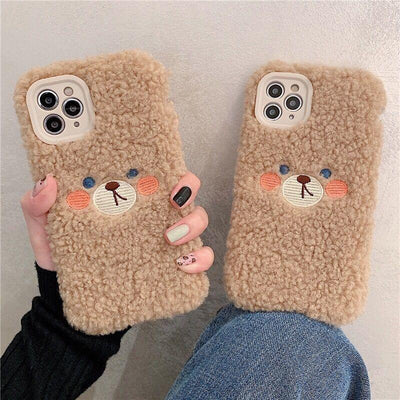Coque de téléphone en peluche ours brun mignon pour modèles d'iPhone