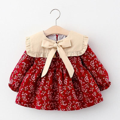 Toddler Girls' Autumn Long Sleeve Bow Collar Dress