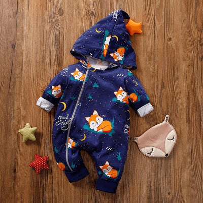 Warm Cartoon Animal Baby Romper with Hooded Zipper