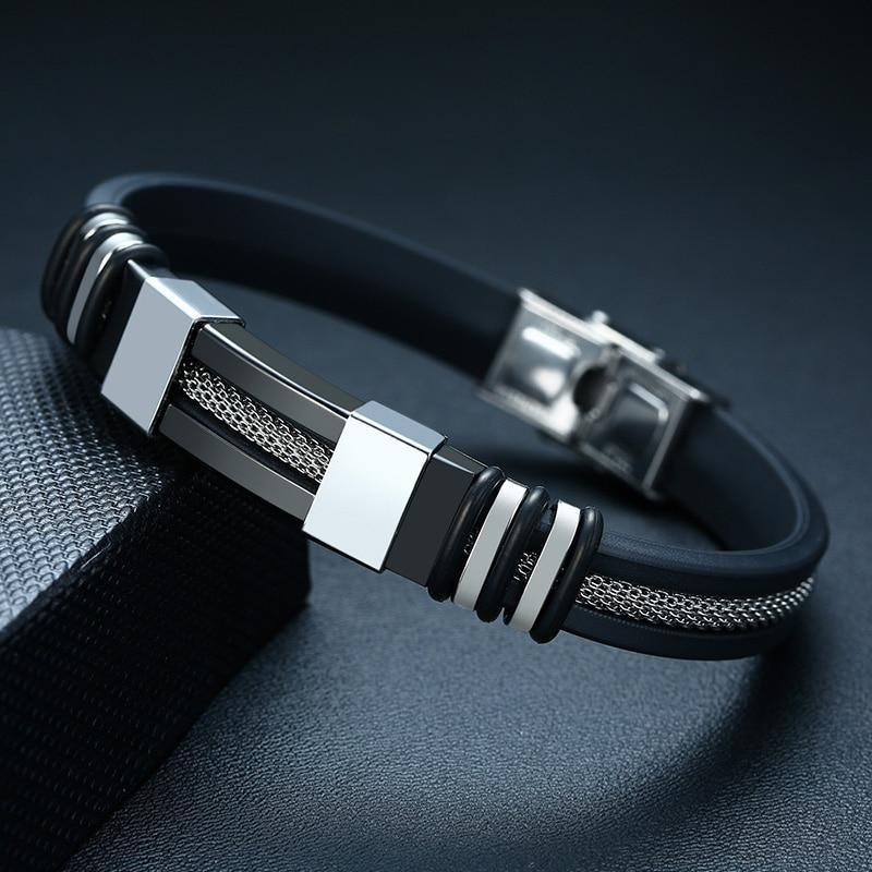 Pulsera de Acero Inoxidable para Hombre con Estrías Negras y Elegantes
