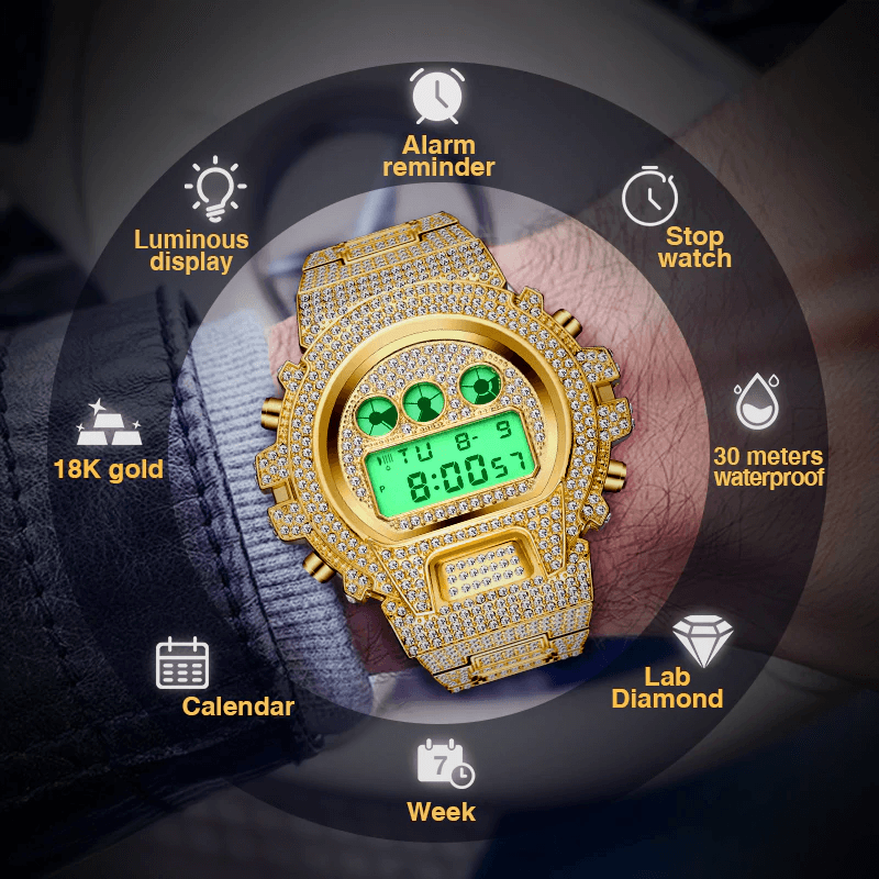 Montre numérique quartz LED dorée de luxe pour hommes