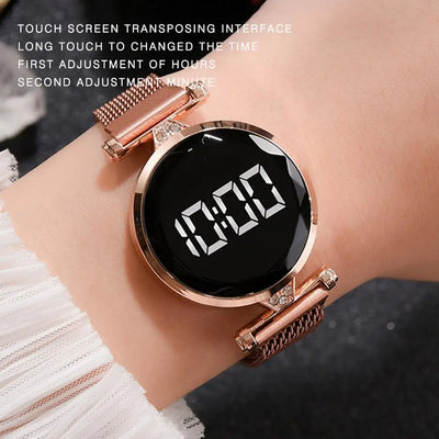 Luxury Digital Magnet Watches For Women Rose Gold Stainless Steel Dress LED Quartz Watch Female Clock Relogio Feminino Drop Ship - Korvel