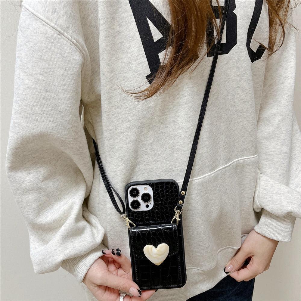 Luxury Love Black Lanyard Phone Case for iPhone