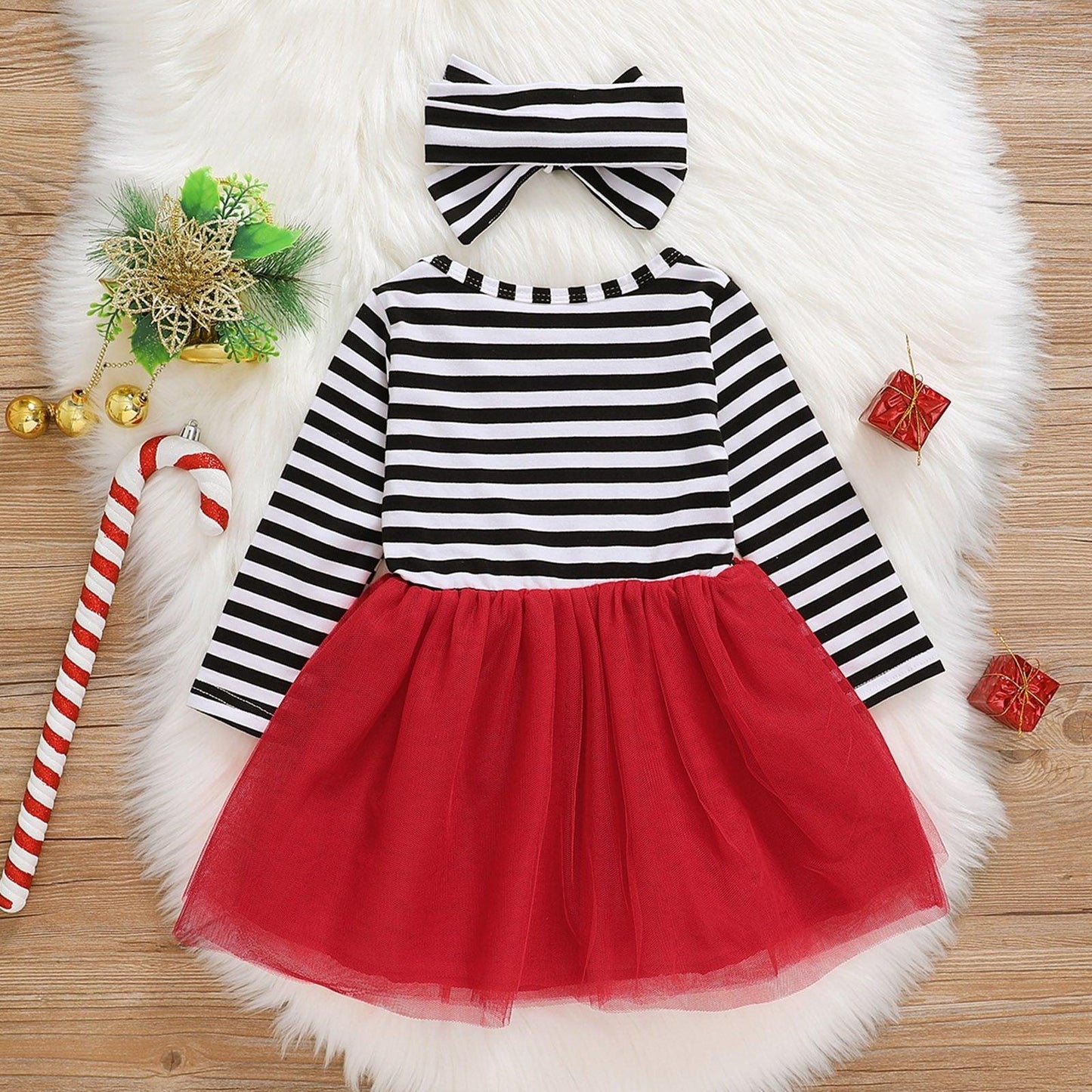 Vestido y diadema a rayas de Santa para niñas bebés en Navidad