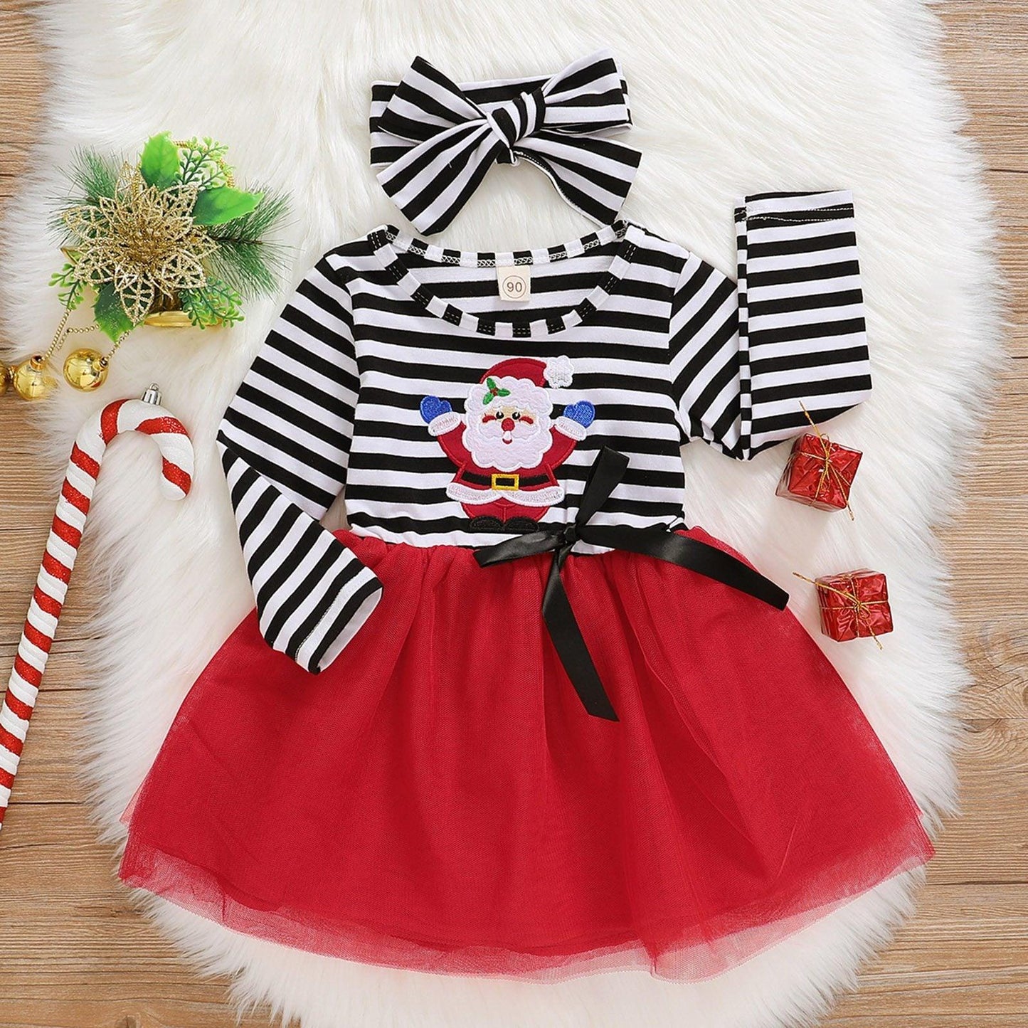 Vestido y diadema a rayas de Santa para niñas bebés en Navidad