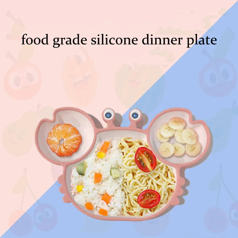 Sub-grid Silicone Sucker Tableware For Baby Cartoon Crab Anti-fall Dinner Plate Infant Kids Supplementary Food Bowl Soft Dishes - Korvel