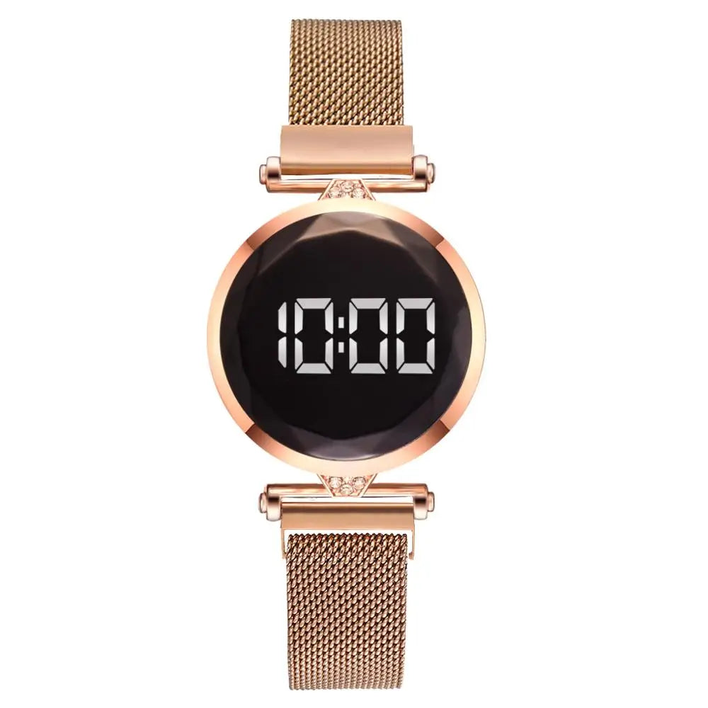 Luxury Digital Magnet Watches For Women Rose Gold Stainless Steel Dress LED Quartz Watch Female Clock Relogio Feminino Drop Ship - Korvel