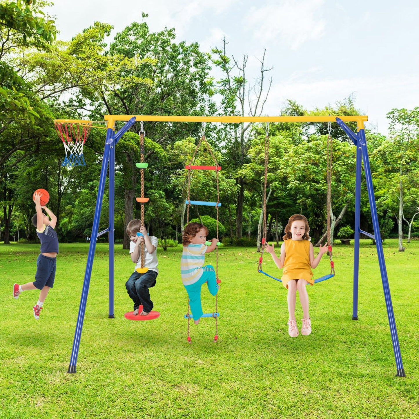 Balancoire 4-en-1 Robuste pour Enfants de 3 à 9 Ans - Jaune