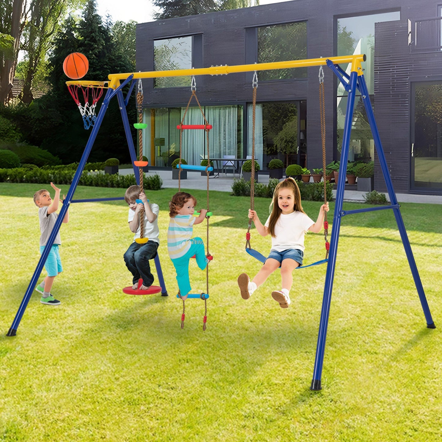 Balancoire 4-en-1 Robuste pour Enfants de 3 à 9 Ans - Jaune