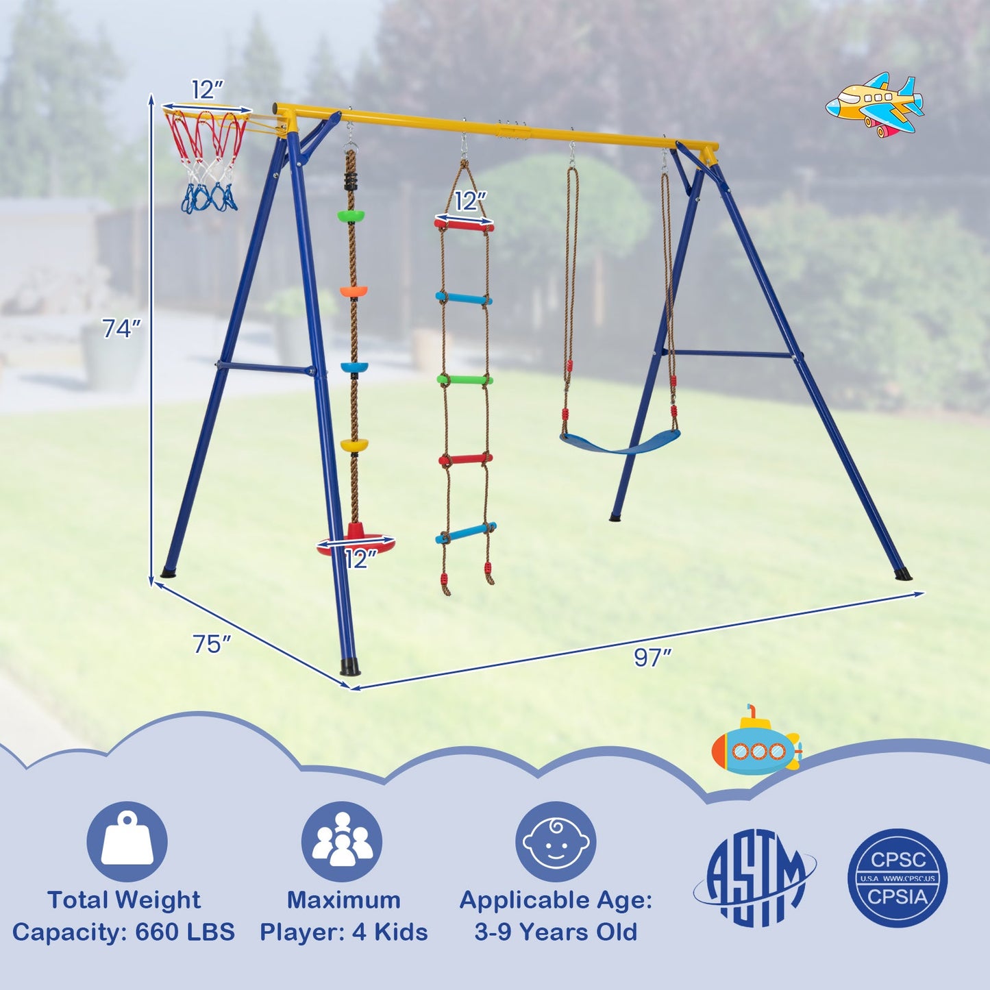 Balancoire 4-en-1 Robuste pour Enfants de 3 à 9 Ans - Jaune