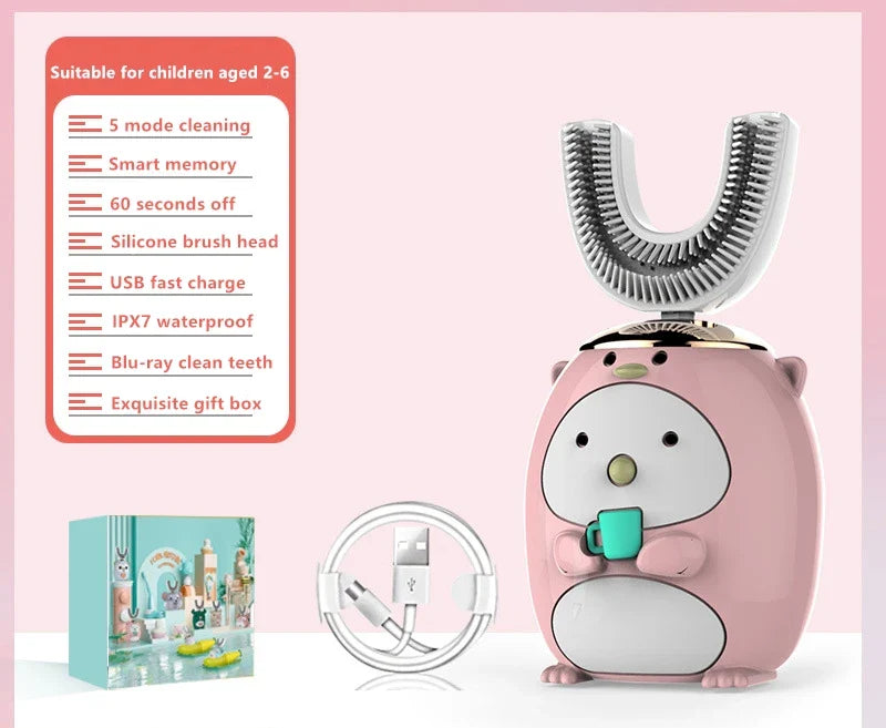 Smart U 360 Degrees Kids Sonic Electric Toothbrush Silicon USB Automatic Ultrasonic Teeth Tooth Brush Cartoon Pattern Children - Korvel