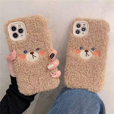 Coque de téléphone en peluche ours brun mignon pour modèles d'iPhone