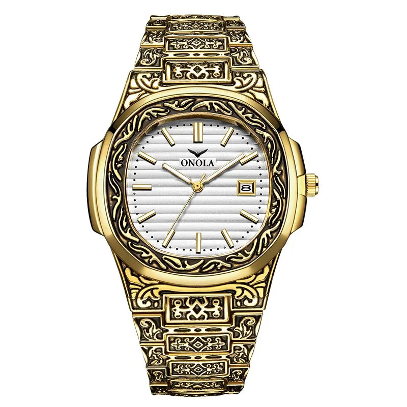ONOLA Luxury Retro Golden Stainless Steel Watch for Men