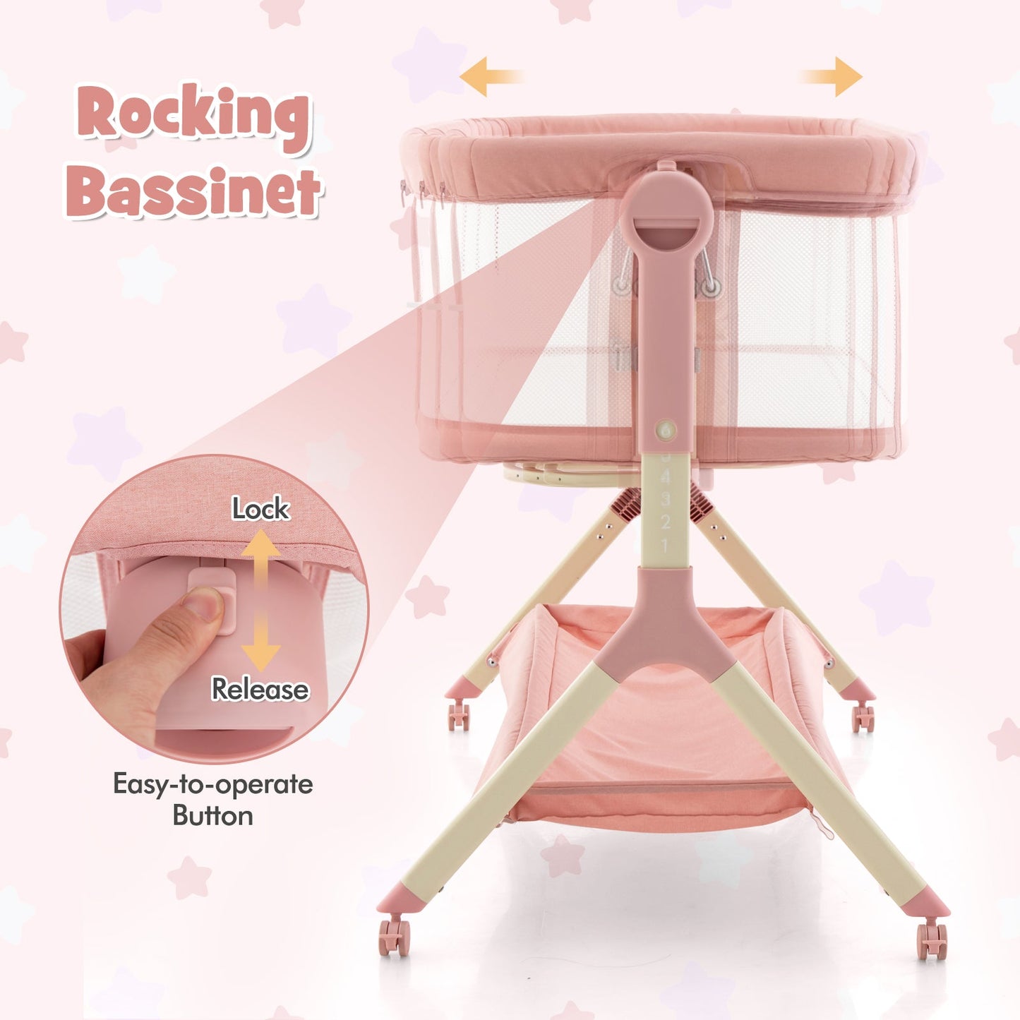 Berceau de chevet réglable en hauteur avec sac de rangement - Rose bébé