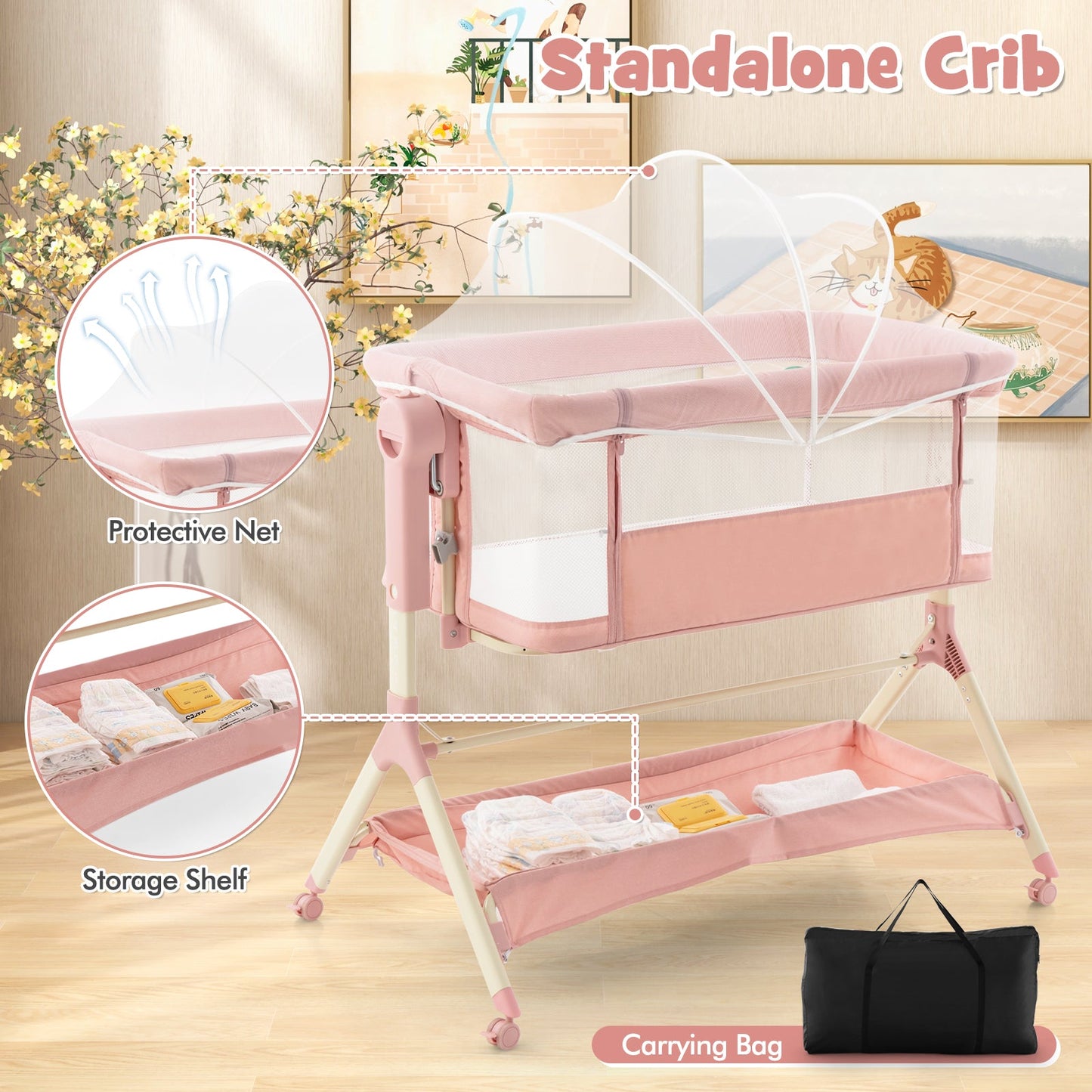 Berceau de chevet réglable en hauteur avec sac de rangement - Rose bébé