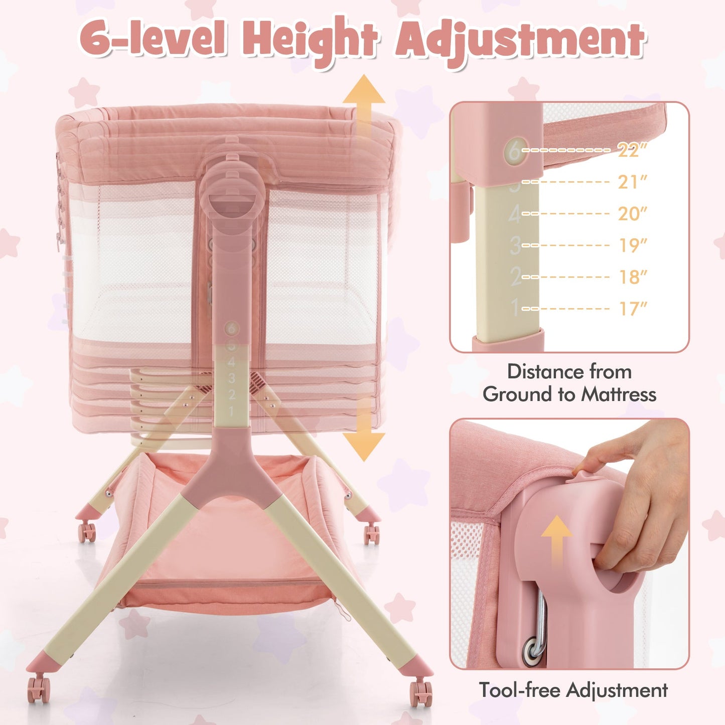 Berceau de chevet réglable en hauteur avec sac de rangement - Rose bébé