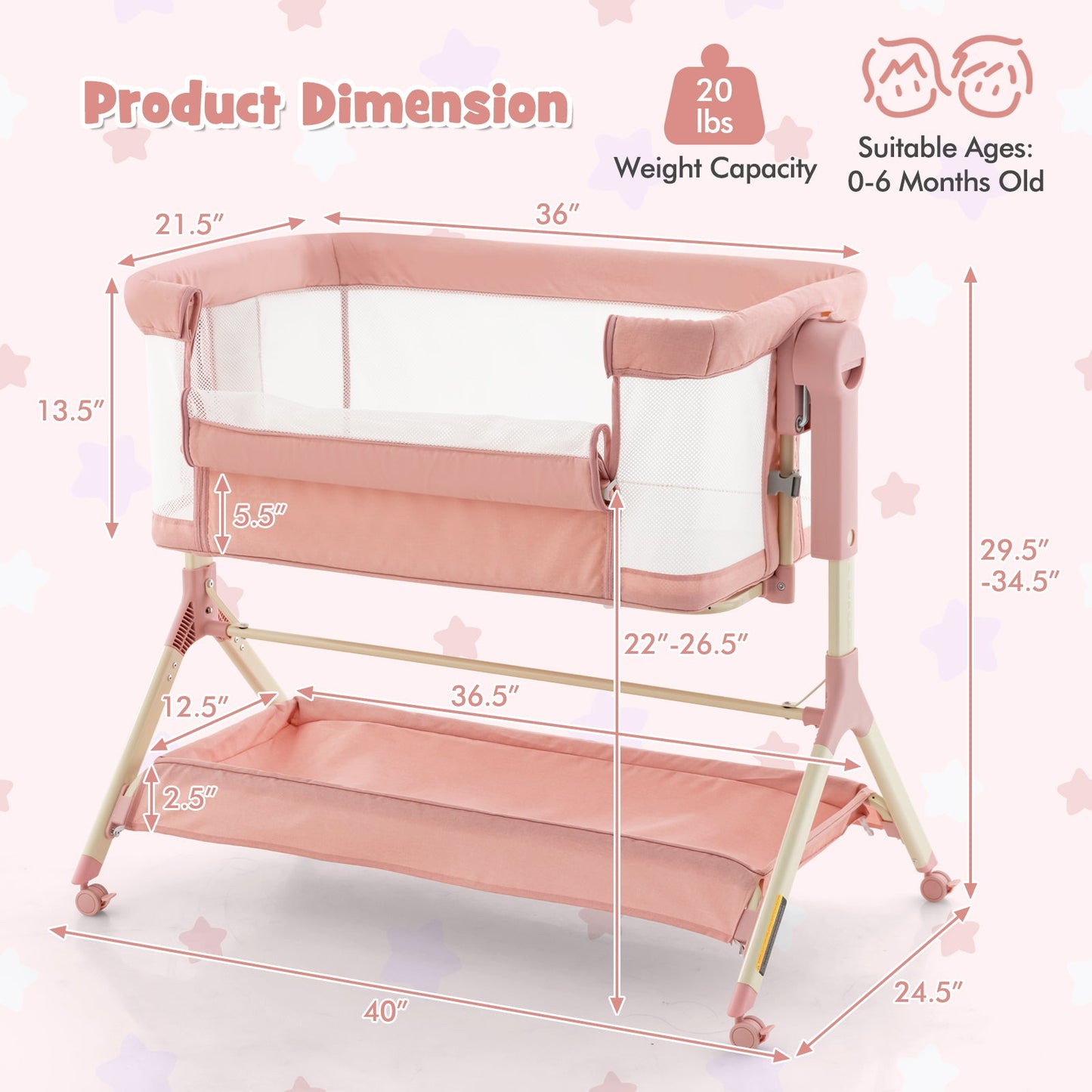 Berceau de chevet réglable en hauteur avec sac de rangement - Rose bébé