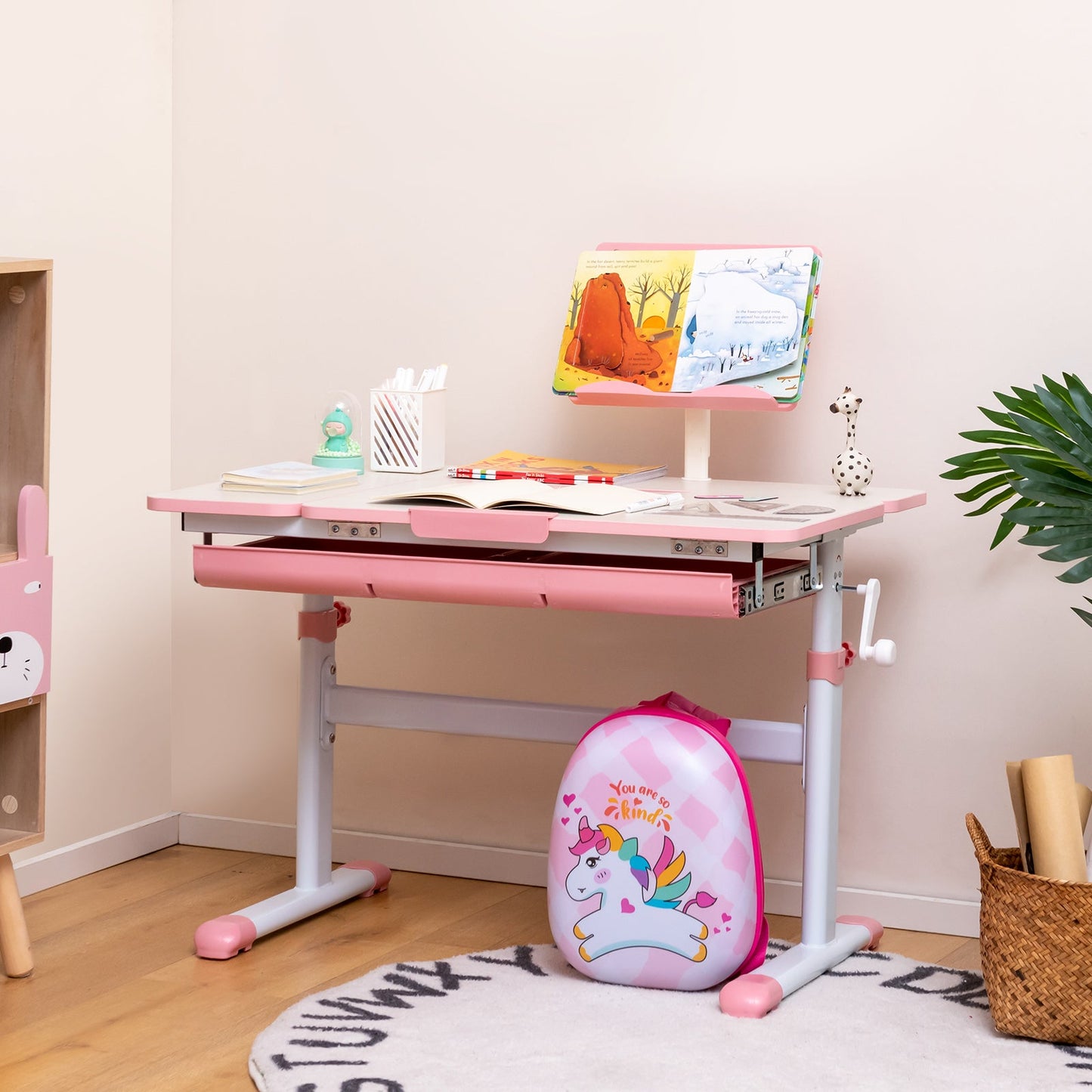 Bureau pour enfants réglable en hauteur avec plateau inclinable - Rose