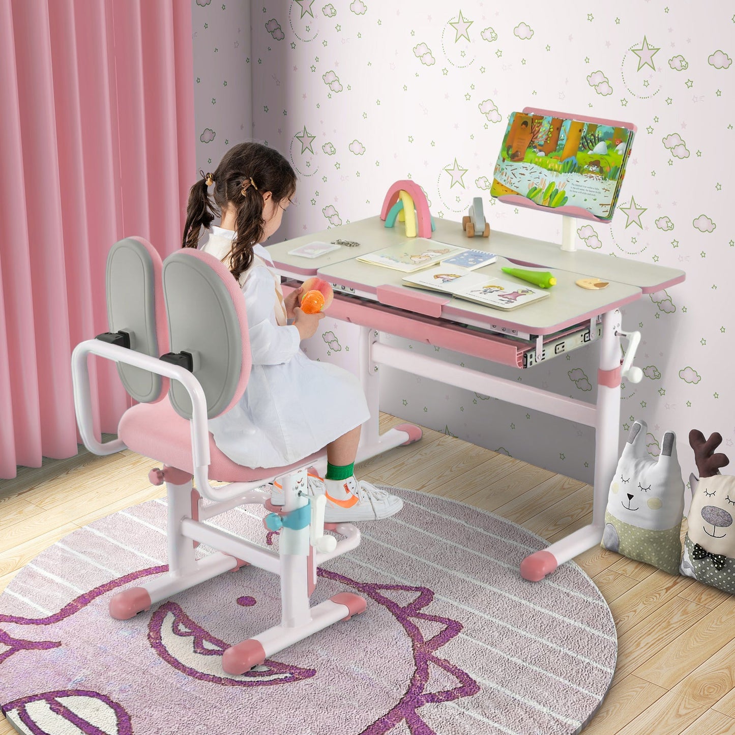 Bureau pour enfants réglable en hauteur avec plateau inclinable - Rose