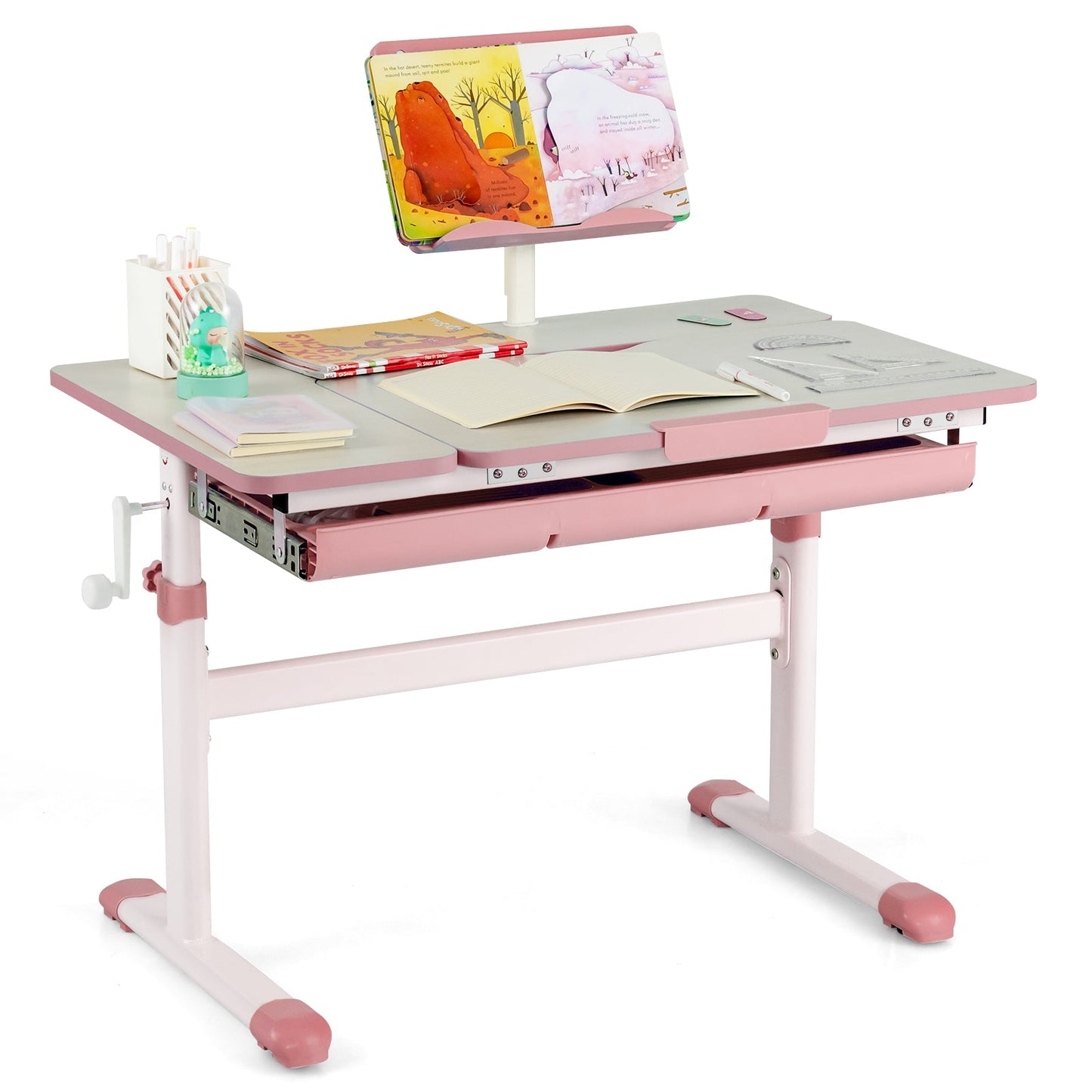 Bureau pour enfants réglable en hauteur avec plateau inclinable - Rose