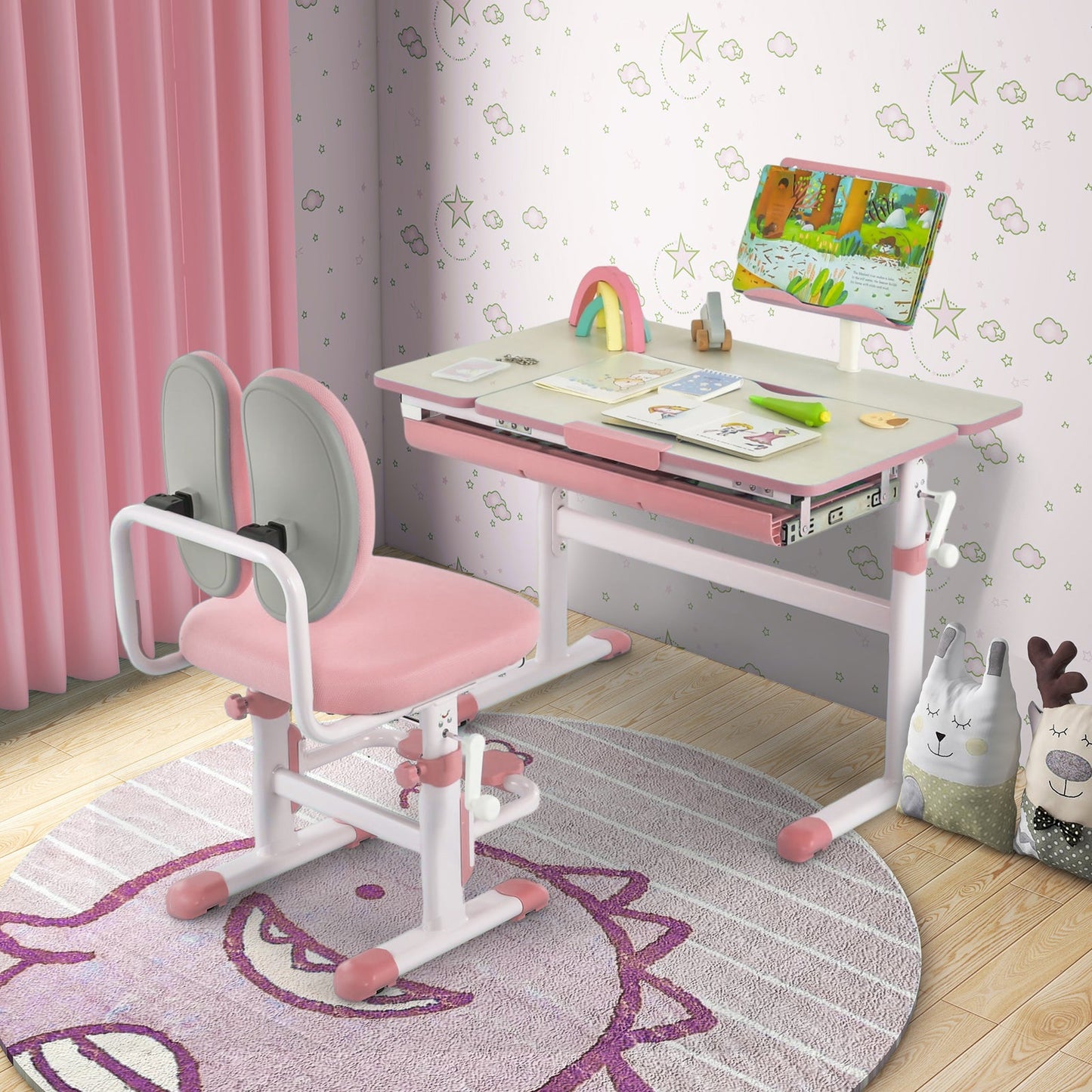 Bureau pour enfants réglable en hauteur avec plateau inclinable - Rose