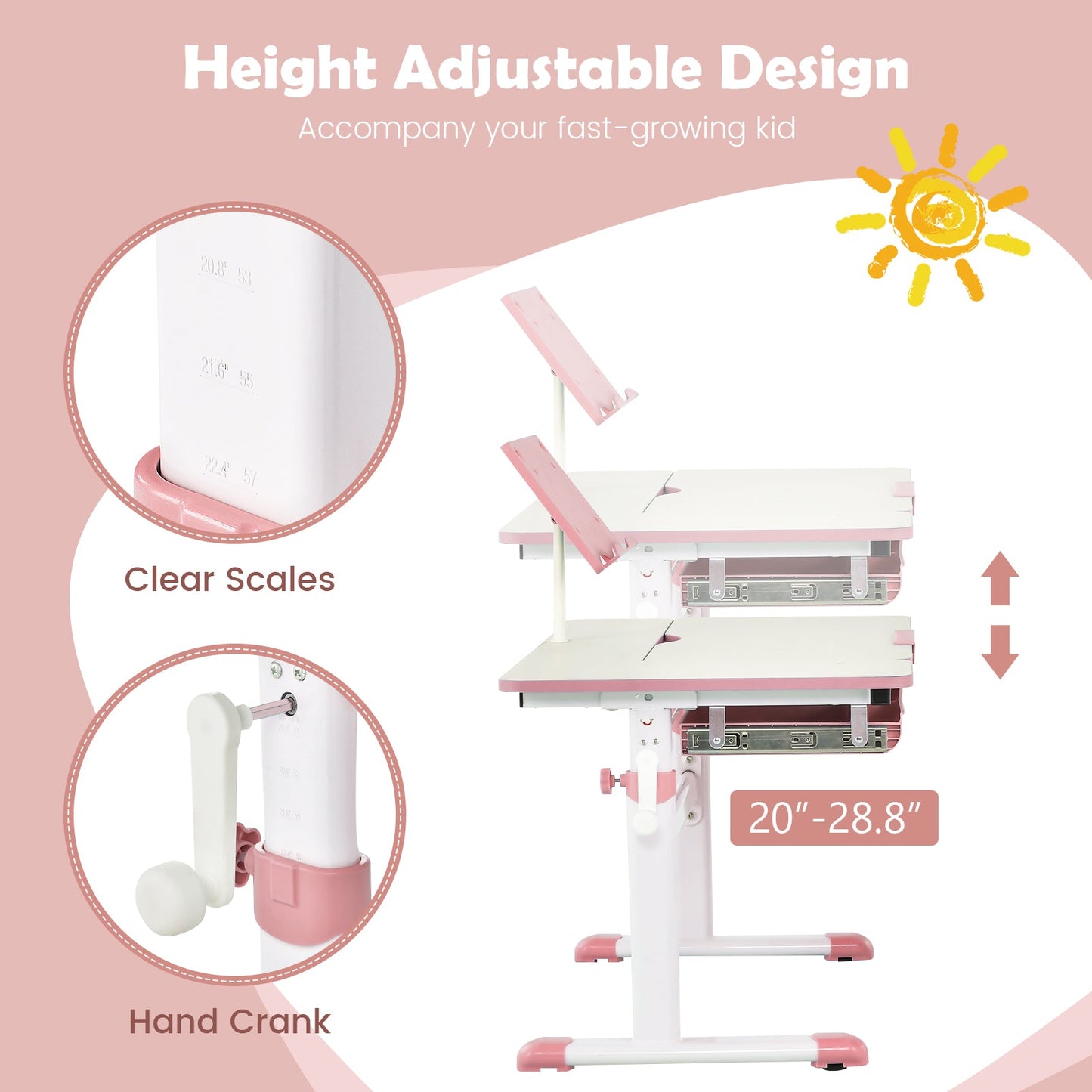 Bureau pour enfants réglable en hauteur avec plateau inclinable - Rose