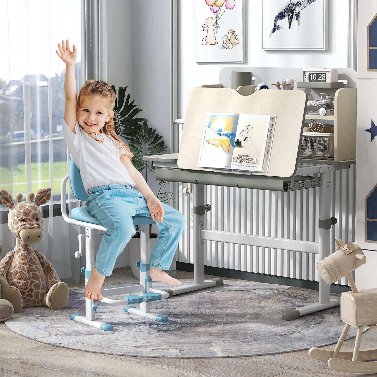 Bureau d'étude pour enfants réglable en hauteur avec plateau inclinable - Gris