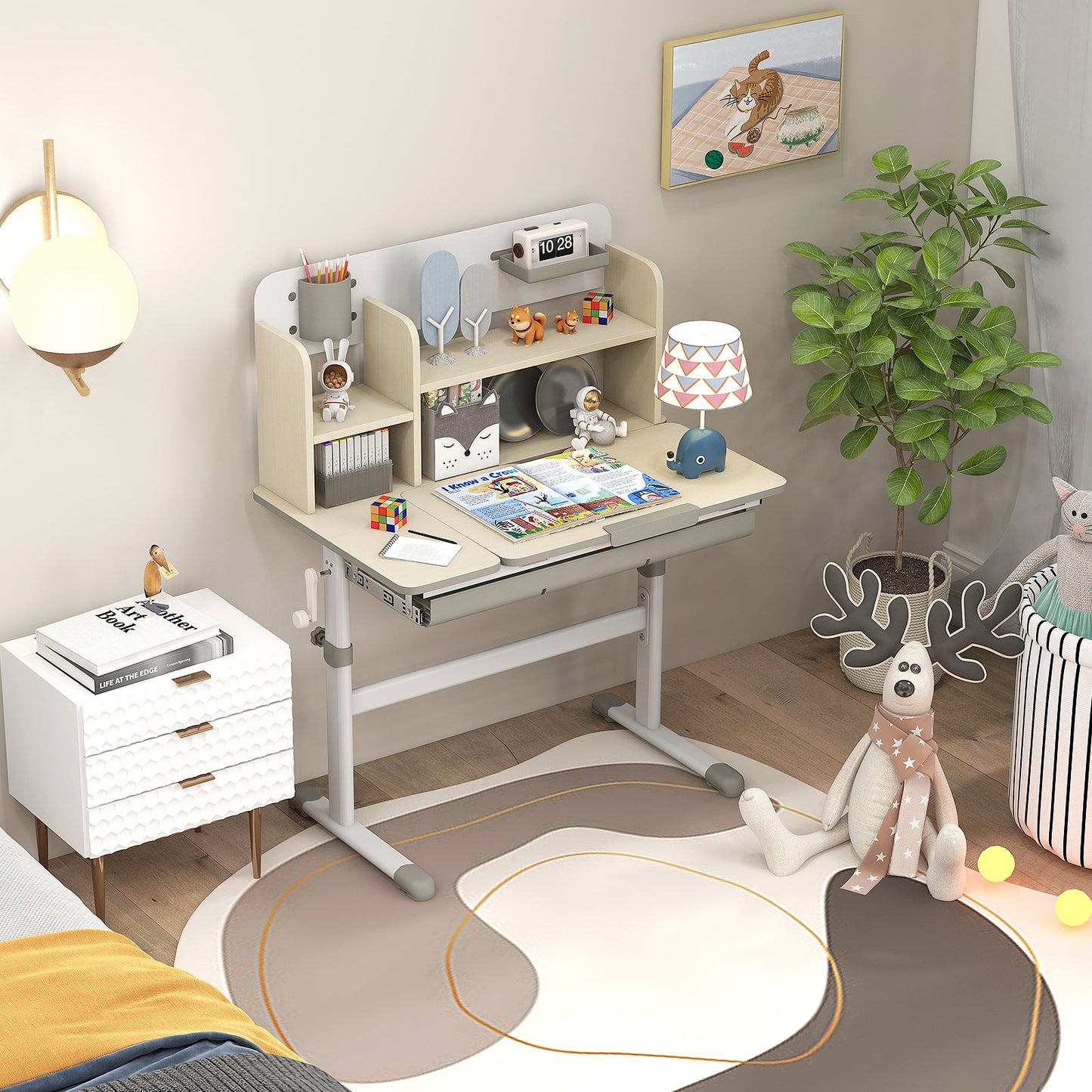 Bureau d'étude pour enfants réglable en hauteur avec plateau inclinable - Gris