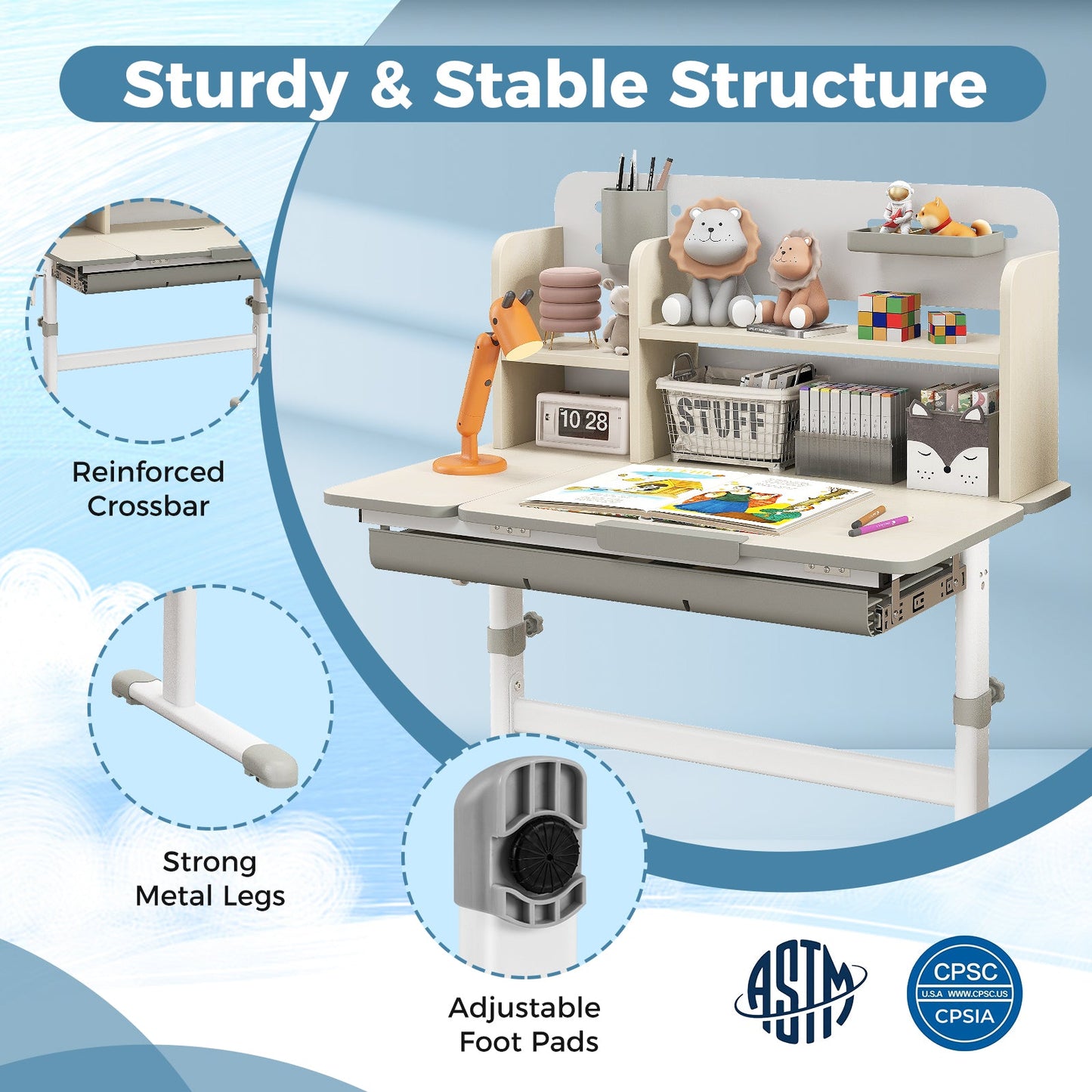 Bureau d'étude pour enfants réglable en hauteur avec plateau inclinable - Gris