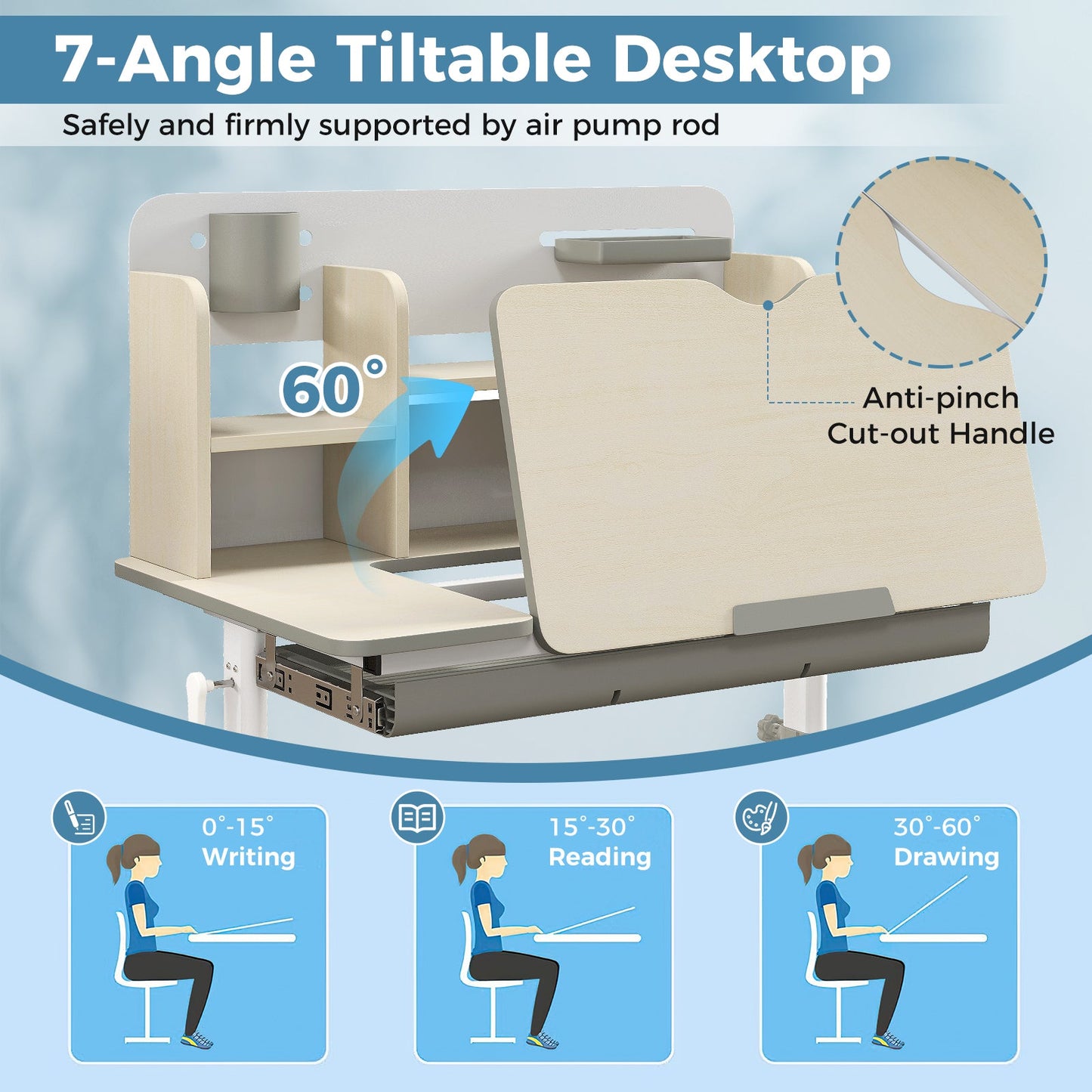 Bureau d'étude pour enfants réglable en hauteur avec plateau inclinable - Gris