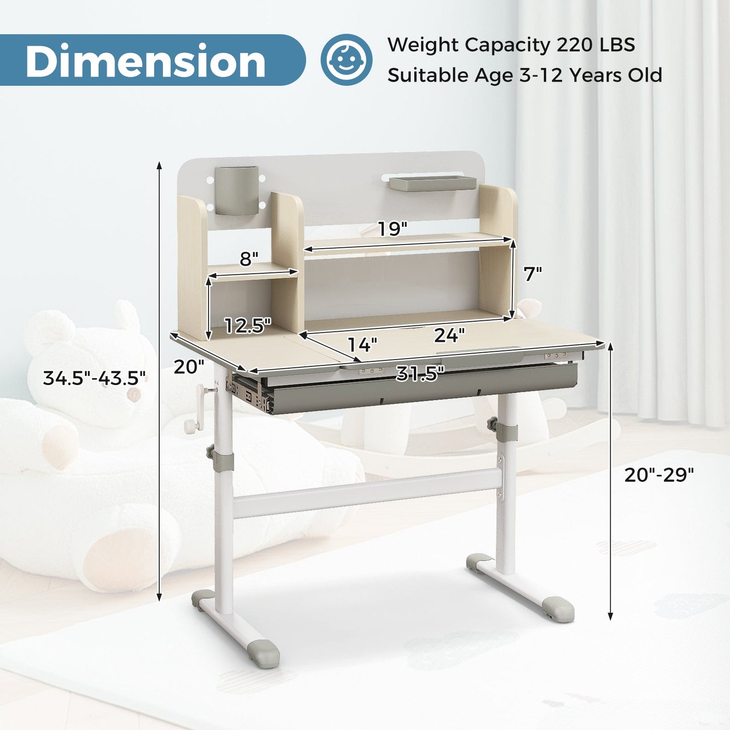 Bureau d'étude pour enfants réglable en hauteur avec plateau inclinable - Gris
