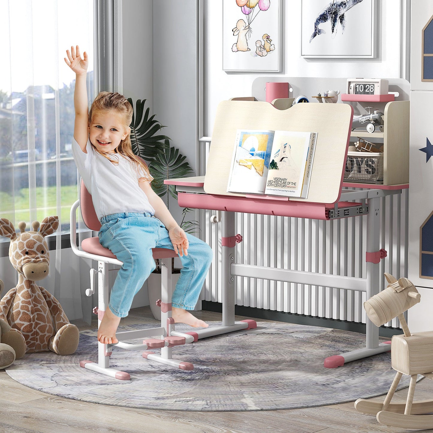 Height Adjustable Kids Study Desk with Tilt Desktop - Pink